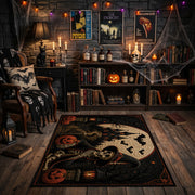 spooky cat and moon faux velvet Halloween area rug, close decorative detail