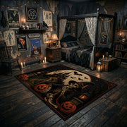 spooky cat and moon faux velvet Halloween area rug, front room mockup