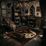 spooky cat and moon faux velvet Halloween area rug, wide interior view