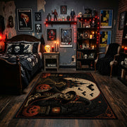 spooky cat and moon faux velvet Halloween area rug, design detail view