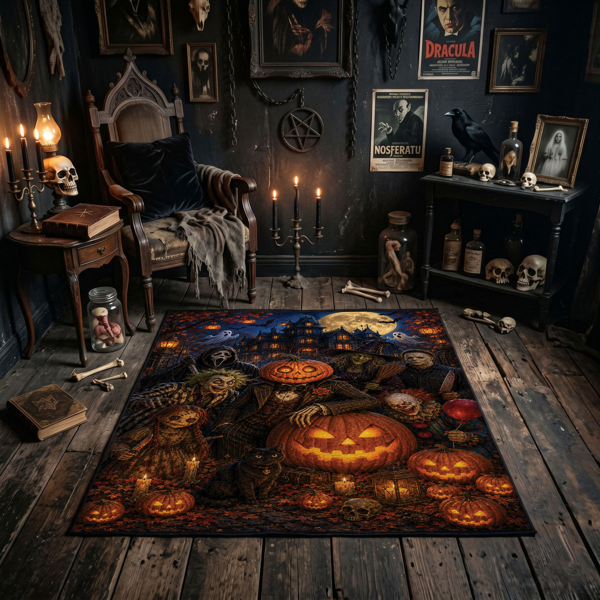 haunted pumpkin forest faux velvet Halloween area rug, featured room view