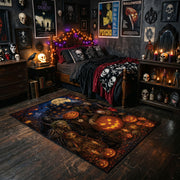 haunted pumpkin forest faux velvet Halloween area rug, cozy home setting