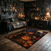 haunted pumpkin forest faux velvet Halloween area rug, full pattern view