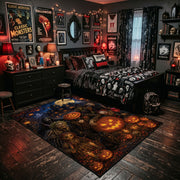 haunted pumpkin forest faux velvet Halloween area rug, soft surface detail