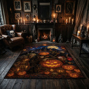 haunted pumpkin forest faux velvet Halloween area rug, wood floor styling