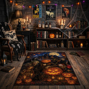 haunted pumpkin forest faux velvet Halloween area rug, close decorative detail