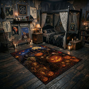 haunted pumpkin forest faux velvet Halloween area rug, front room mockup