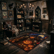 haunted pumpkin forest faux velvet Halloween area rug, wide interior view