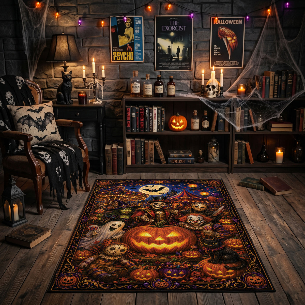 ornate pumpkin party faux velvet Halloween area rug, featured room view