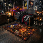 ornate pumpkin party faux velvet Halloween area rug, cozy home setting