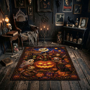 ornate pumpkin party faux velvet Halloween area rug, soft surface detail