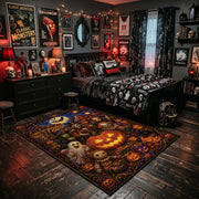 ornate pumpkin party faux velvet Halloween area rug, wood floor styling