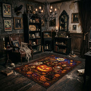 ornate pumpkin party faux velvet Halloween area rug, wide interior view