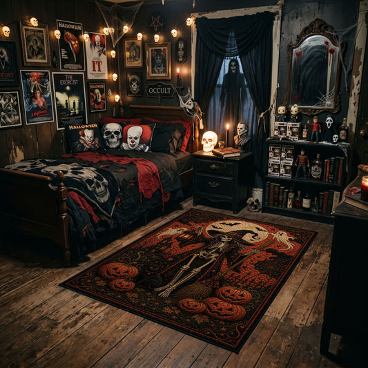 gothic skeleton couple faux velvet Halloween area rug, angled room view