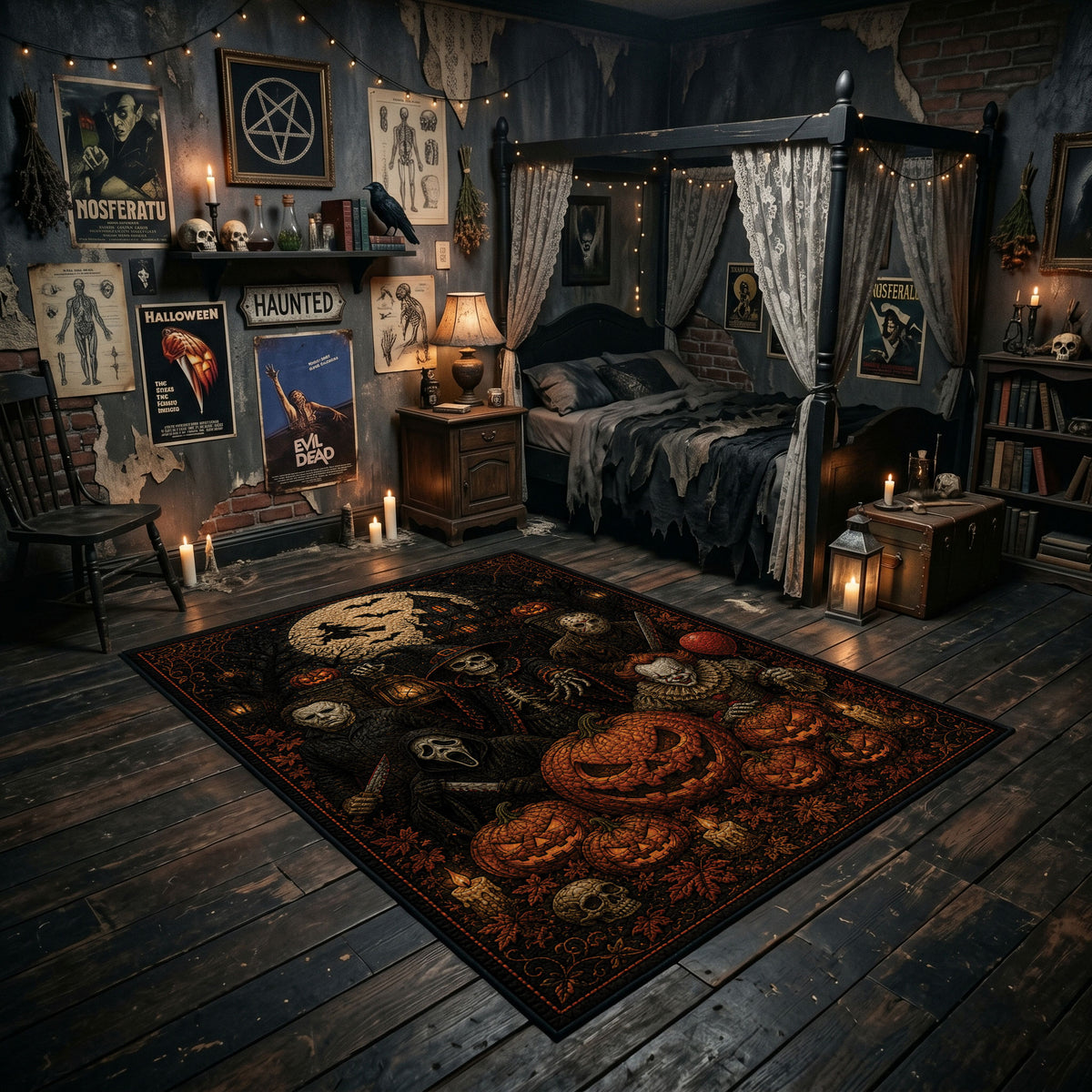 gothic skull and pumpkins faux velvet Halloween area rug, featured room view