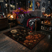 gothic skull and pumpkins faux velvet Halloween area rug, cozy home setting