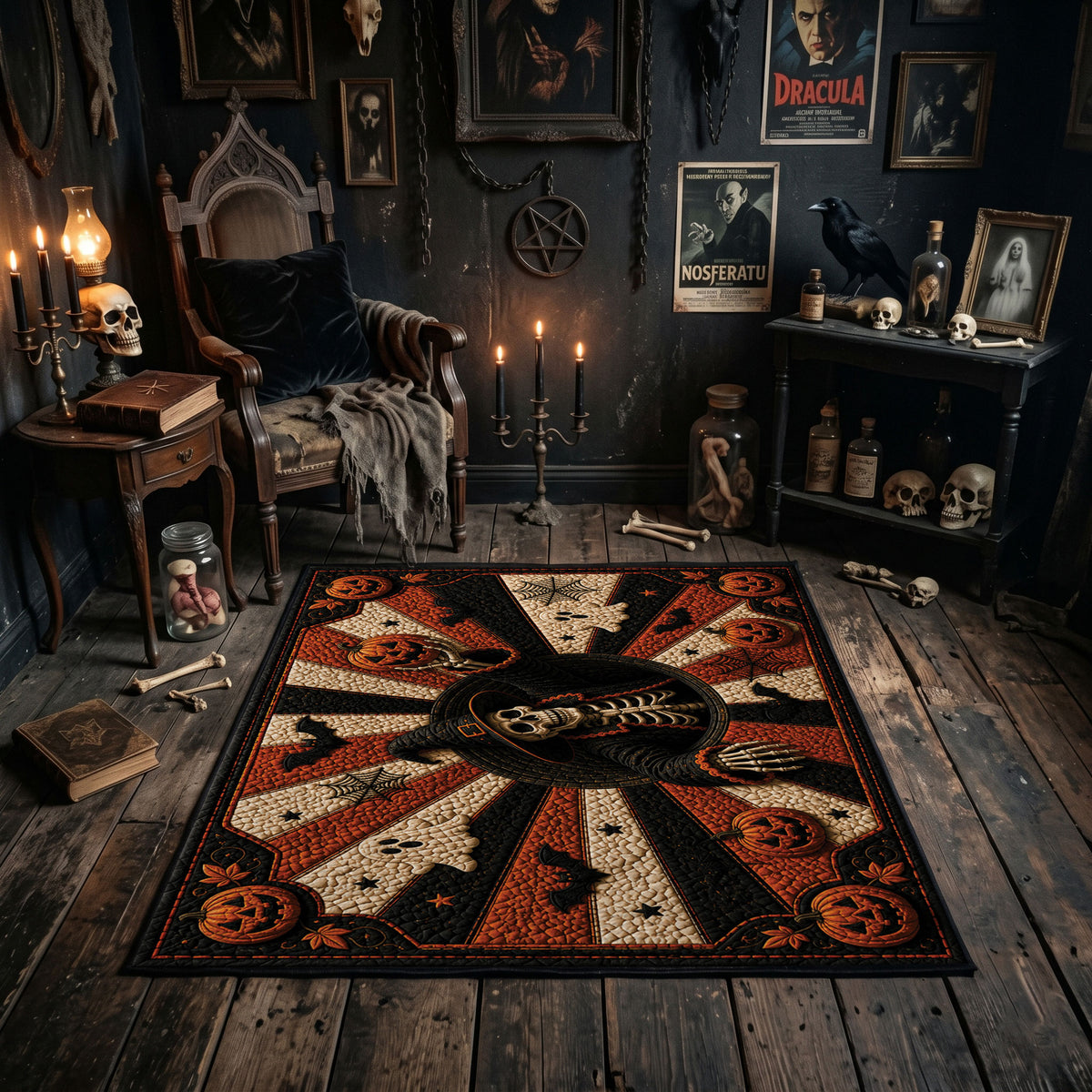 mystic masked figure and pumpkins faux velvet Halloween area rug, featured room view