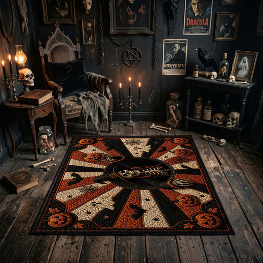 mystic masked figure and pumpkins faux velvet Halloween area rug, featured room view