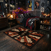 mystic masked figure and pumpkins faux velvet Halloween area rug, cozy home setting