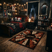 mystic masked figure and pumpkins faux velvet Halloween area rug, angled room view
