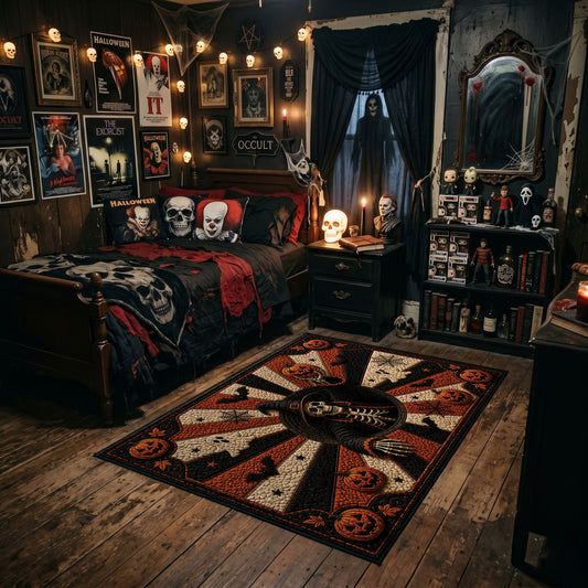 mystic masked figure and pumpkins faux velvet Halloween area rug, angled room view
