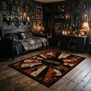 mystic masked figure and pumpkins faux velvet Halloween area rug, full pattern view
