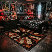 mystic masked figure and pumpkins faux velvet Halloween area rug, soft surface detail
