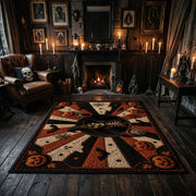 mystic masked figure and pumpkins faux velvet Halloween area rug, wood floor styling