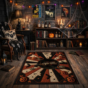 mystic masked figure and pumpkins faux velvet Halloween area rug, close decorative detail