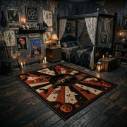mystic masked figure and pumpkins faux velvet Halloween area rug, front room mockup