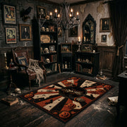 mystic masked figure and pumpkins faux velvet Halloween area rug, wide interior view