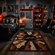 mystic masked figure and pumpkins faux velvet Halloween area rug, design detail view