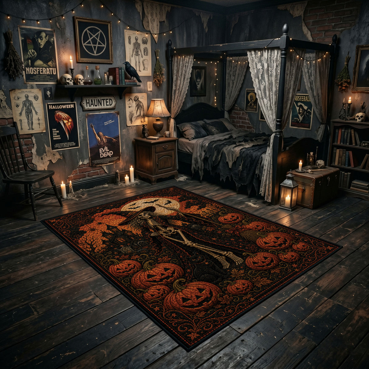 pumpkin scarecrow scene faux velvet Halloween area rug, featured room view