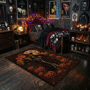 pumpkin scarecrow scene faux velvet Halloween area rug, cozy home setting
