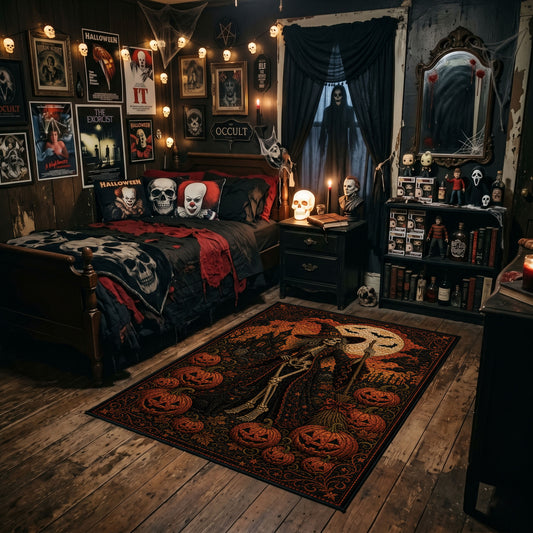 pumpkin scarecrow scene faux velvet Halloween area rug, angled room view