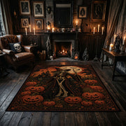 pumpkin scarecrow scene faux velvet Halloween area rug, close decorative detail