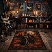 pumpkin scarecrow scene faux velvet Halloween area rug, front room mockup