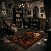 pumpkin scarecrow scene faux velvet Halloween area rug, wide interior view