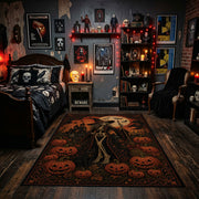 pumpkin scarecrow scene faux velvet Halloween area rug, design detail view
