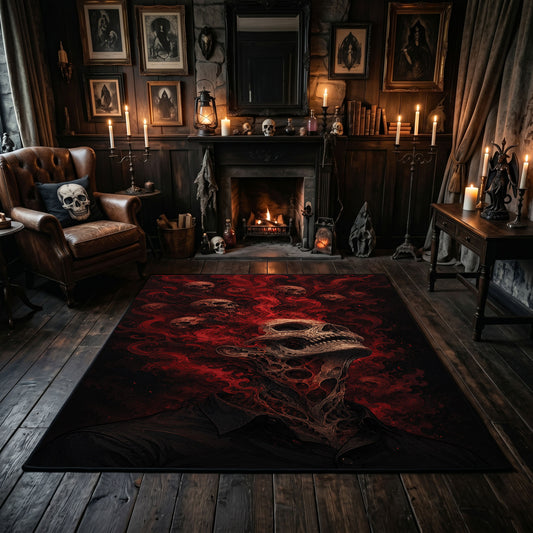 crimson shadow creature faux velvet Halloween area rug, featured room view