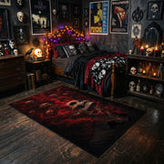 crimson shadow creature faux velvet Halloween area rug, cozy home setting