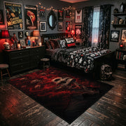 crimson shadow creature faux velvet Halloween area rug, wood floor styling