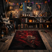 crimson shadow creature faux velvet Halloween area rug, close decorative detail