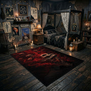 crimson shadow creature faux velvet Halloween area rug, front room mockup