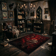 crimson shadow creature faux velvet Halloween area rug, wide interior view
