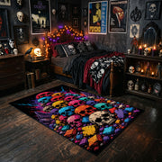 colorful skull mosaic faux velvet Halloween area rug, cozy home setting