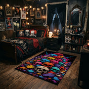 colorful skull mosaic faux velvet Halloween area rug, angled room view