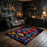 colorful skull mosaic faux velvet Halloween area rug, full pattern view