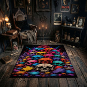 colorful skull mosaic faux velvet Halloween area rug, soft surface detail