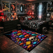 colorful skull mosaic faux velvet Halloween area rug, wood floor styling